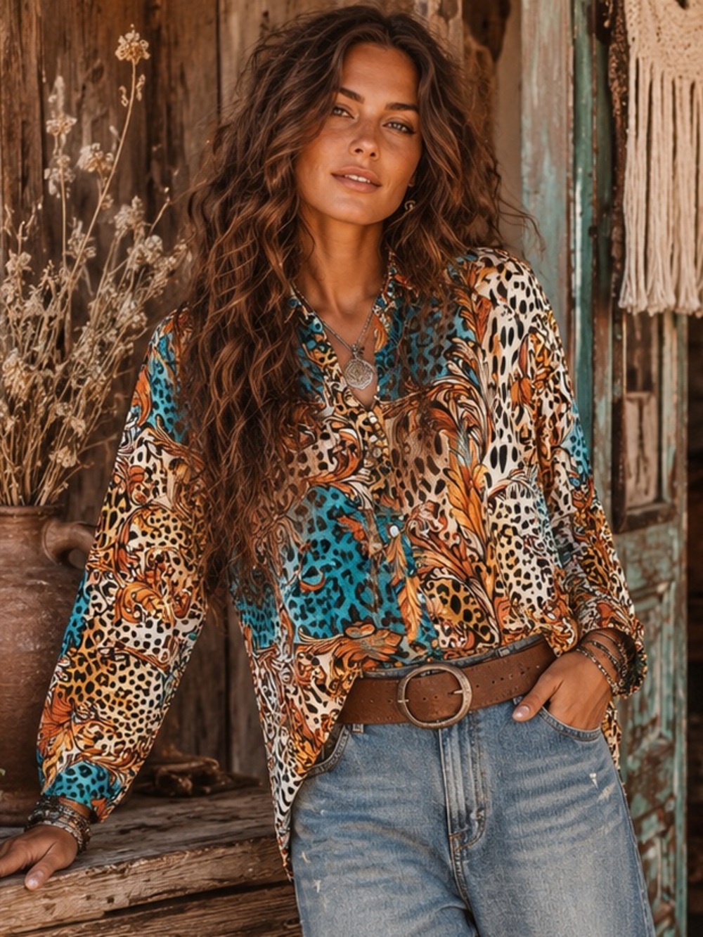 Women's Teal & Brown Printed‎ Button-Down Shirt Size Large